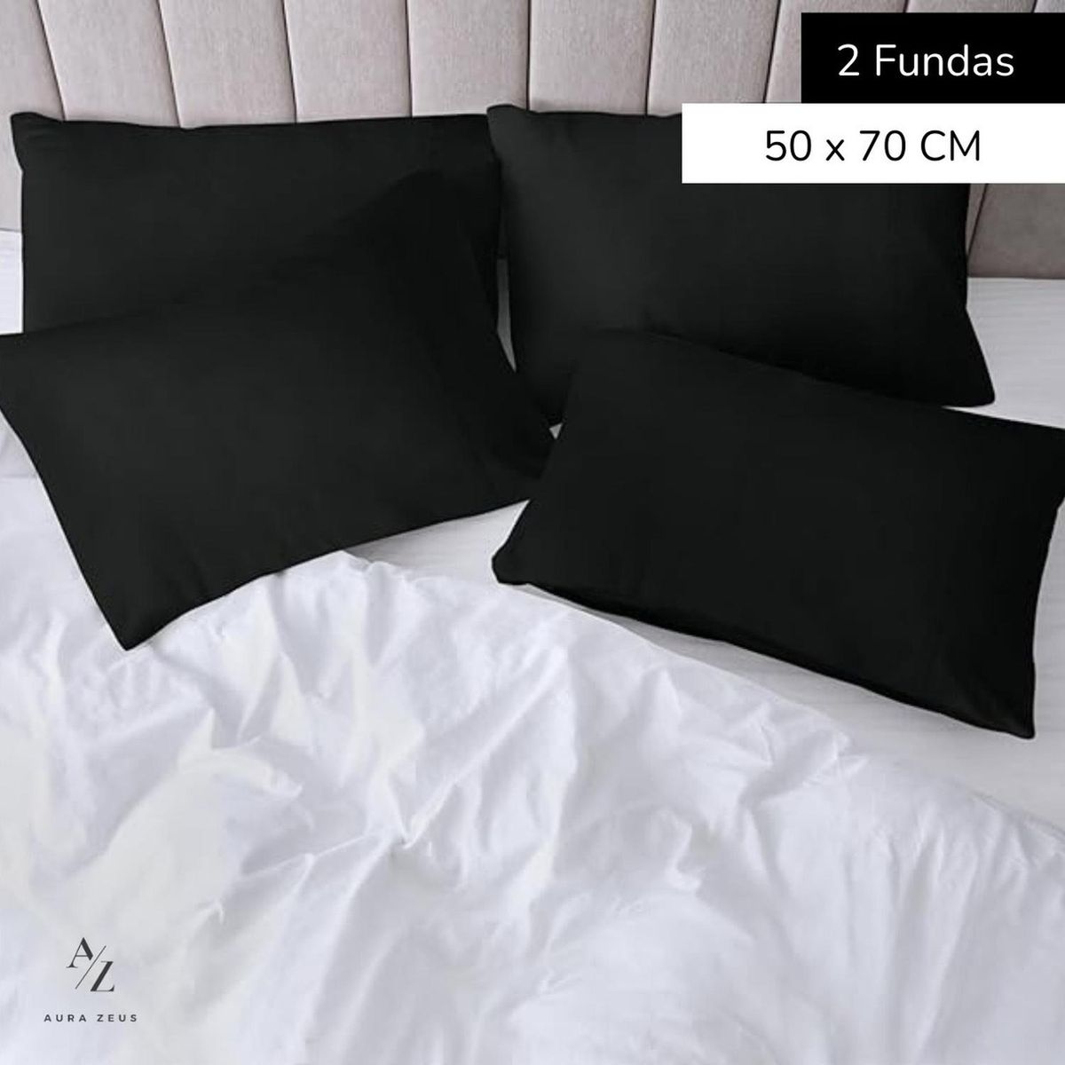 AZ AURAZEUS - Set 2 Fundas De Almohada 50x70 Negra Suave Hilos Aura Zeus AZ