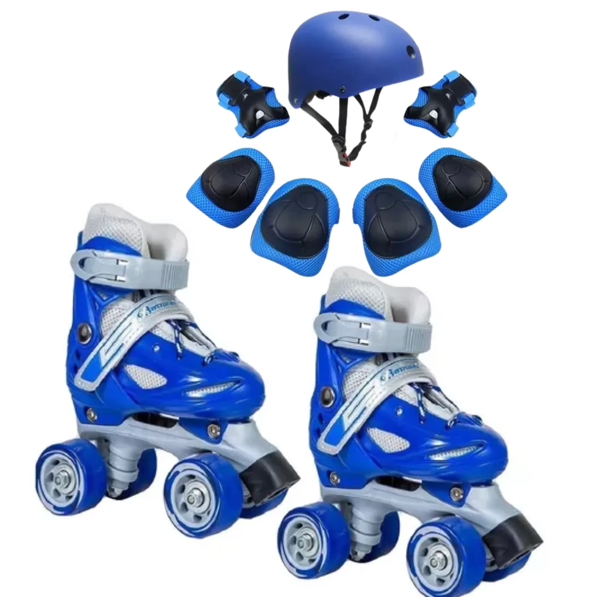GENERICO - Patines 4 Ruedas Roller  Azul casco y protectores S 30 al 33
