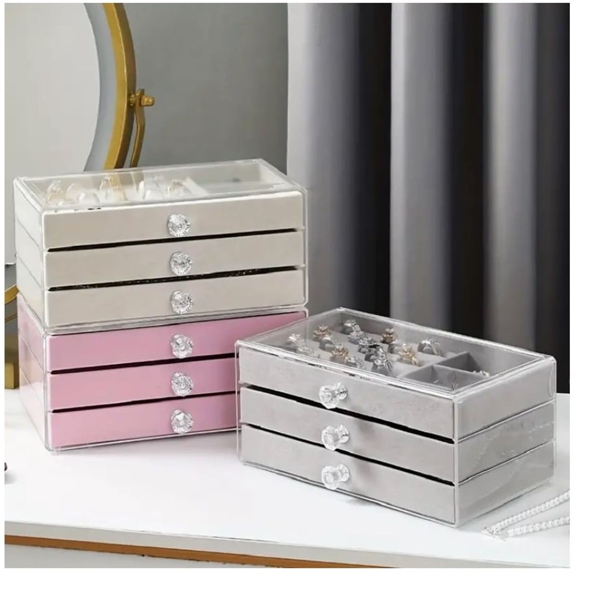 GENERICO - Caja de joyería de Terciopelo con asa de Cristal 3 Niveles