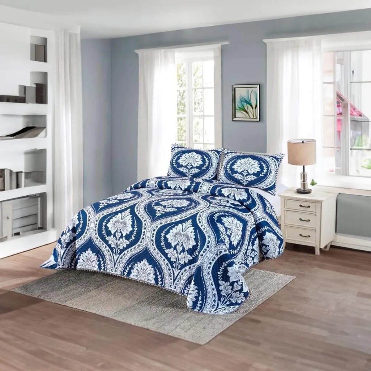 GENERICO - Cubrecama Quilt 2 Plazas Diseño Picas Azul Con Pompones