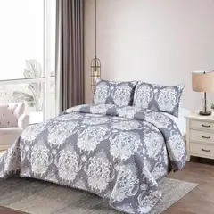 GENERICO - Cubrecama Quilt 2 Plazas Diseño Picas Gris Con Pompones