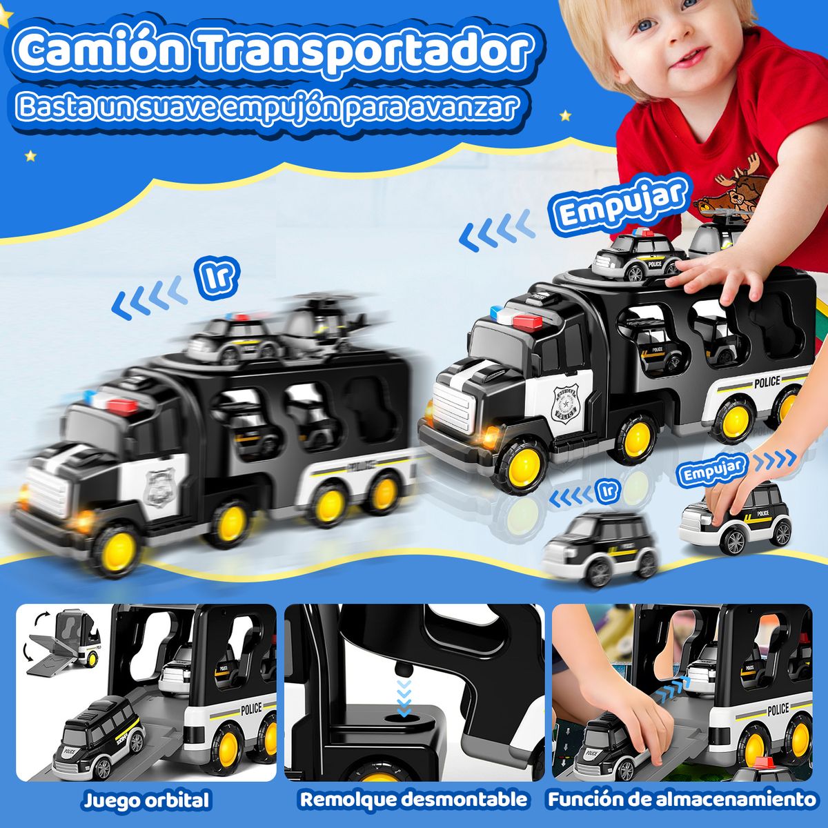 LUKOVEE - Camión Transportador Luz Sonido Con 6 Autitos Juguete Niños