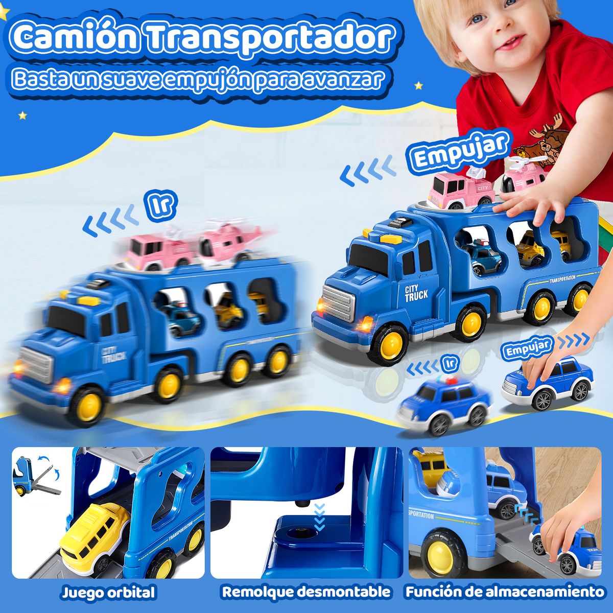 LUKOVEE - Camión Transportador Luz Sonido Con 6 Autitos Juguete Niños