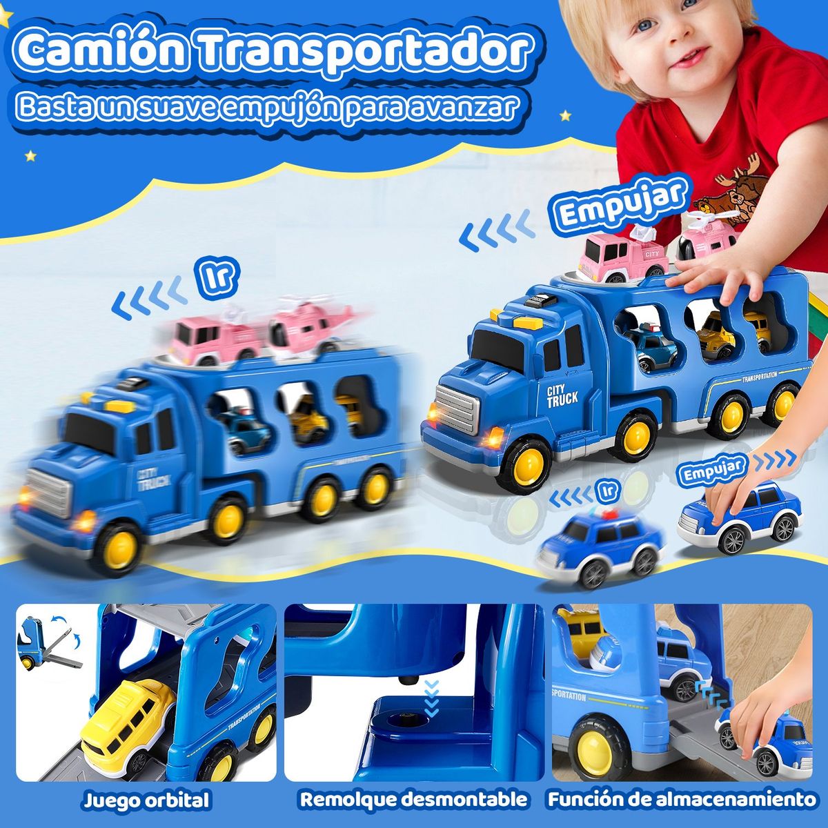 LUKOVEE - Camión Transportador Luz Sonido Con 6 Autitos Juguete Niños
