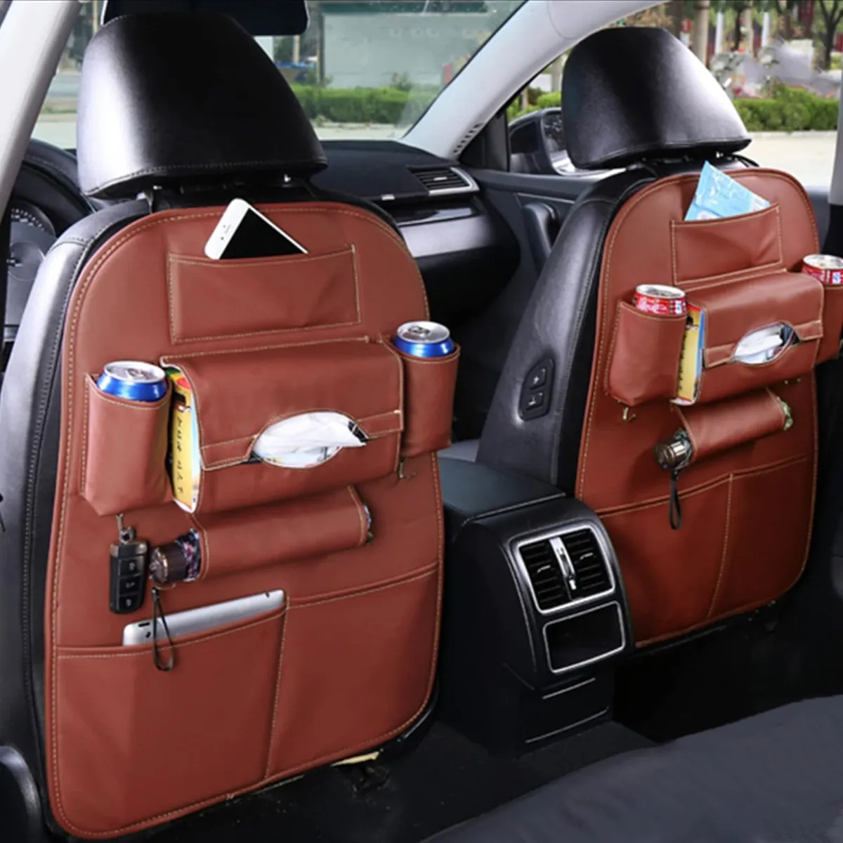 COREJOY - Paquete de 2 Organizador Auto Asiento De Cuero (marrón)