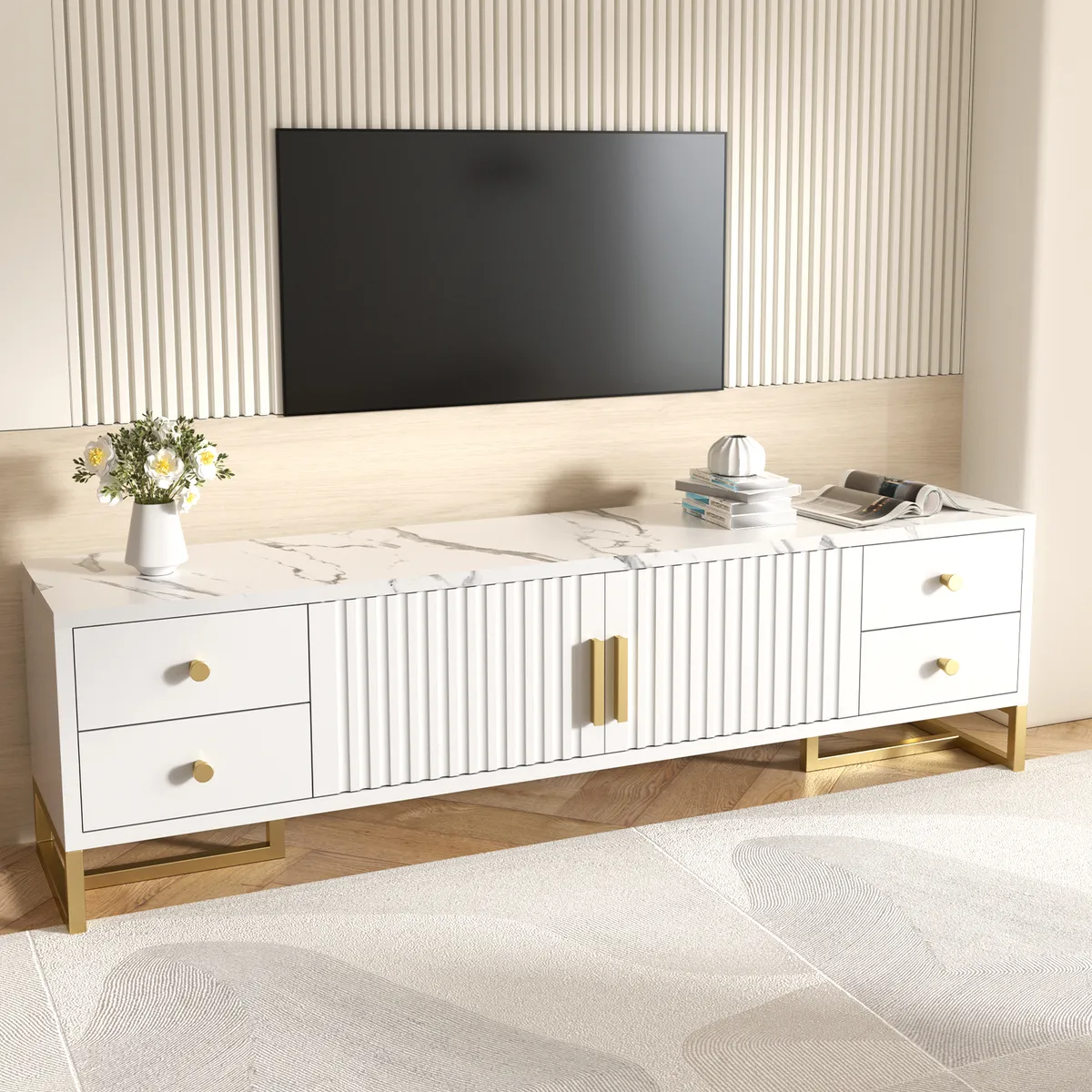 AIZO - Mueble Para TV 140x30x40cm Con 2 Puertas y 4 Cajones Melamina
