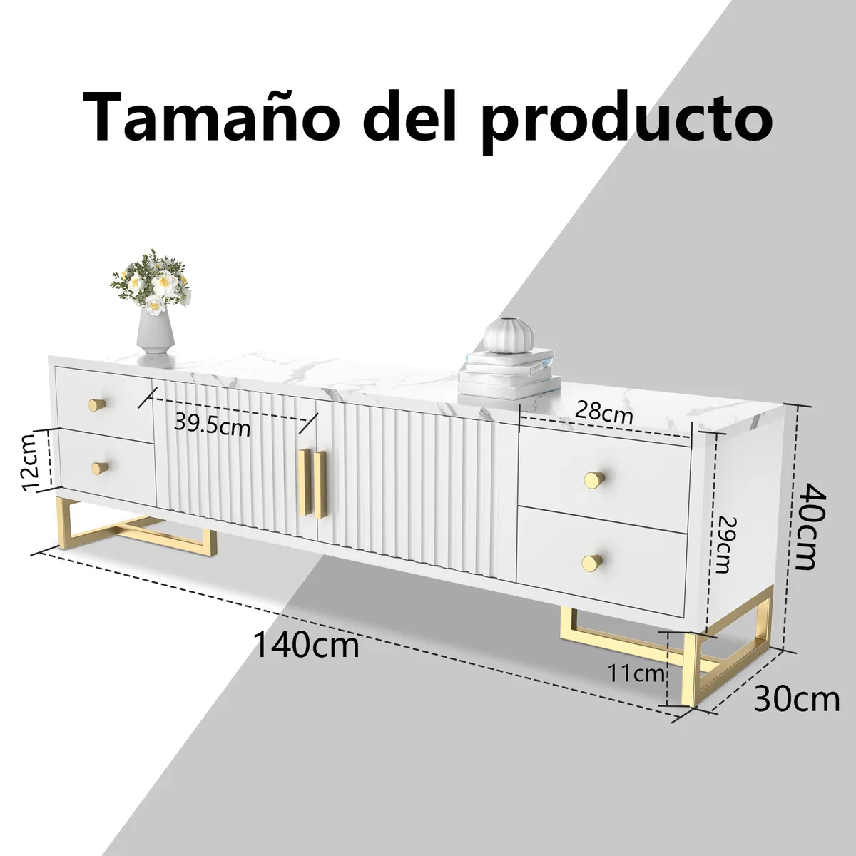 AIZO - Mueble Para TV 140x30x40cm Con 2 Puertas y 4 Cajones Melamina