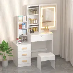 AIZO - Tocador Con Espejo De Luz LED Comoda Extendible y taburete80x40x130cm
