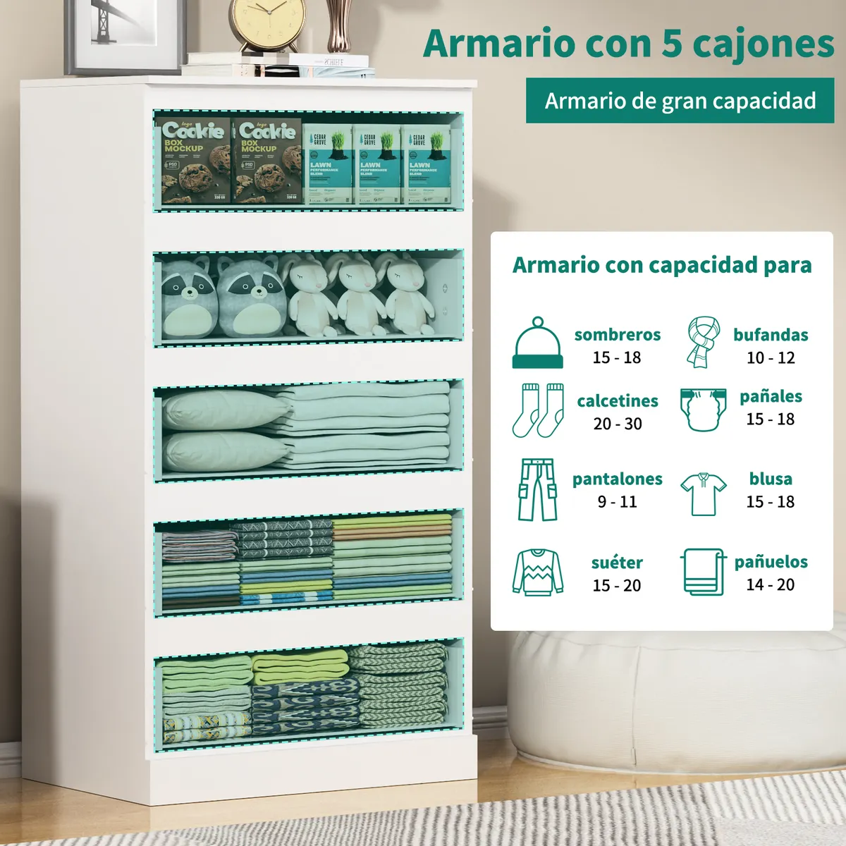 AIZO - Cómoda 5 cajones AIZO blanco cálido 109x41x60cm