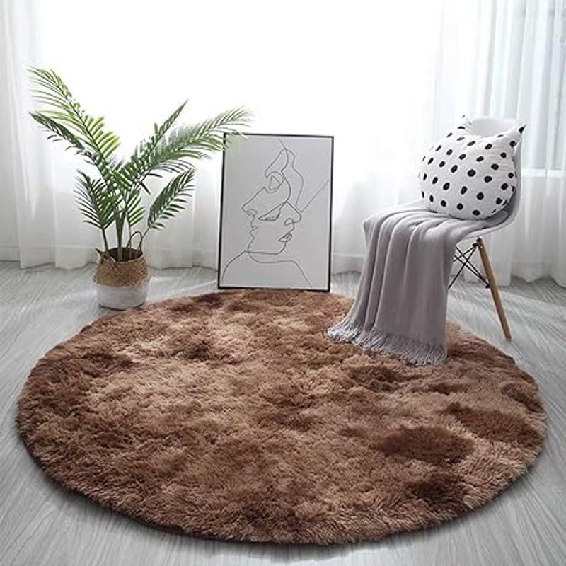 ANGELES DEL HOGAR - Alfombras peludas tipo Shaggy Redondas 120cm Cafe Jaspeada