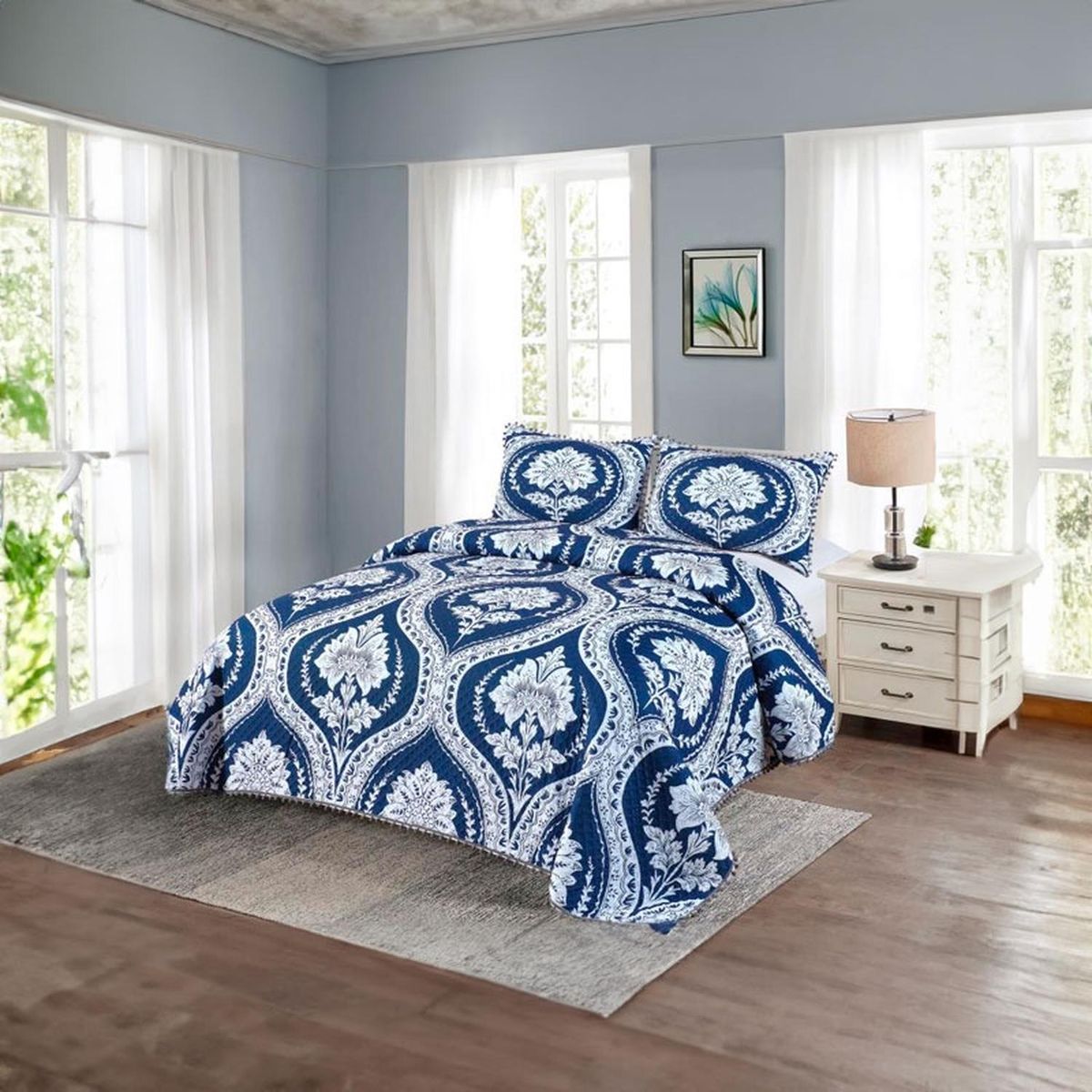 GENERICO - Cubrecama Quilt 2 Plazas Diseño Picas Azul Con Pompones