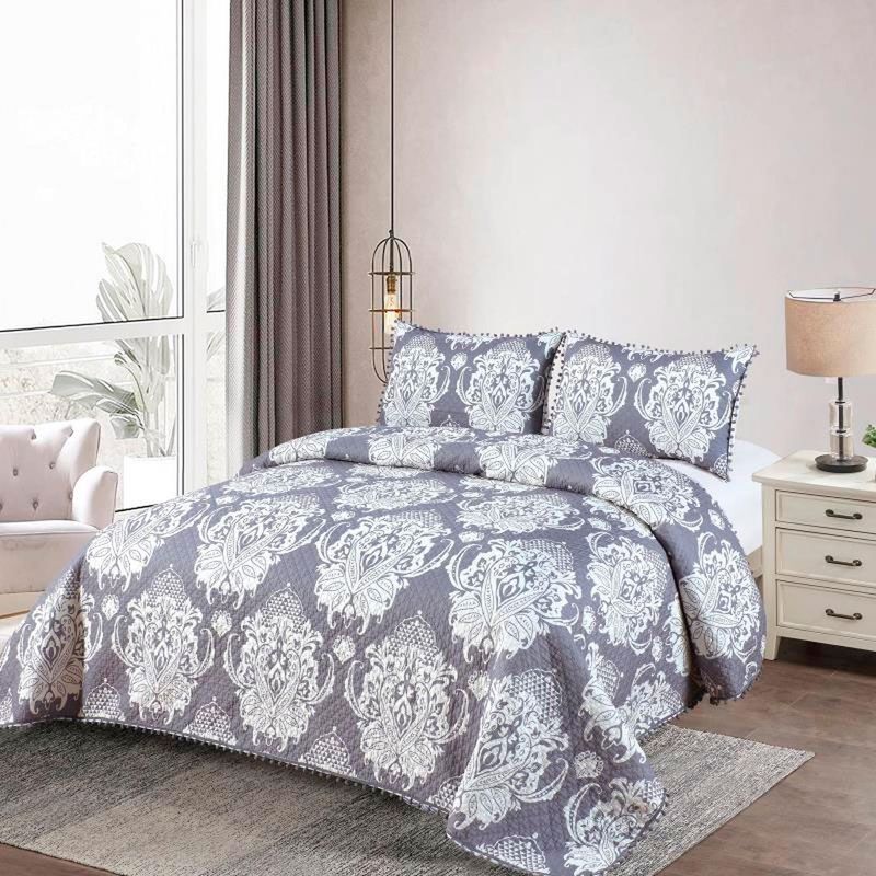 GENERICO - Cubrecama Quilt 2 Plazas Diseño Picas Gris Con Pompones