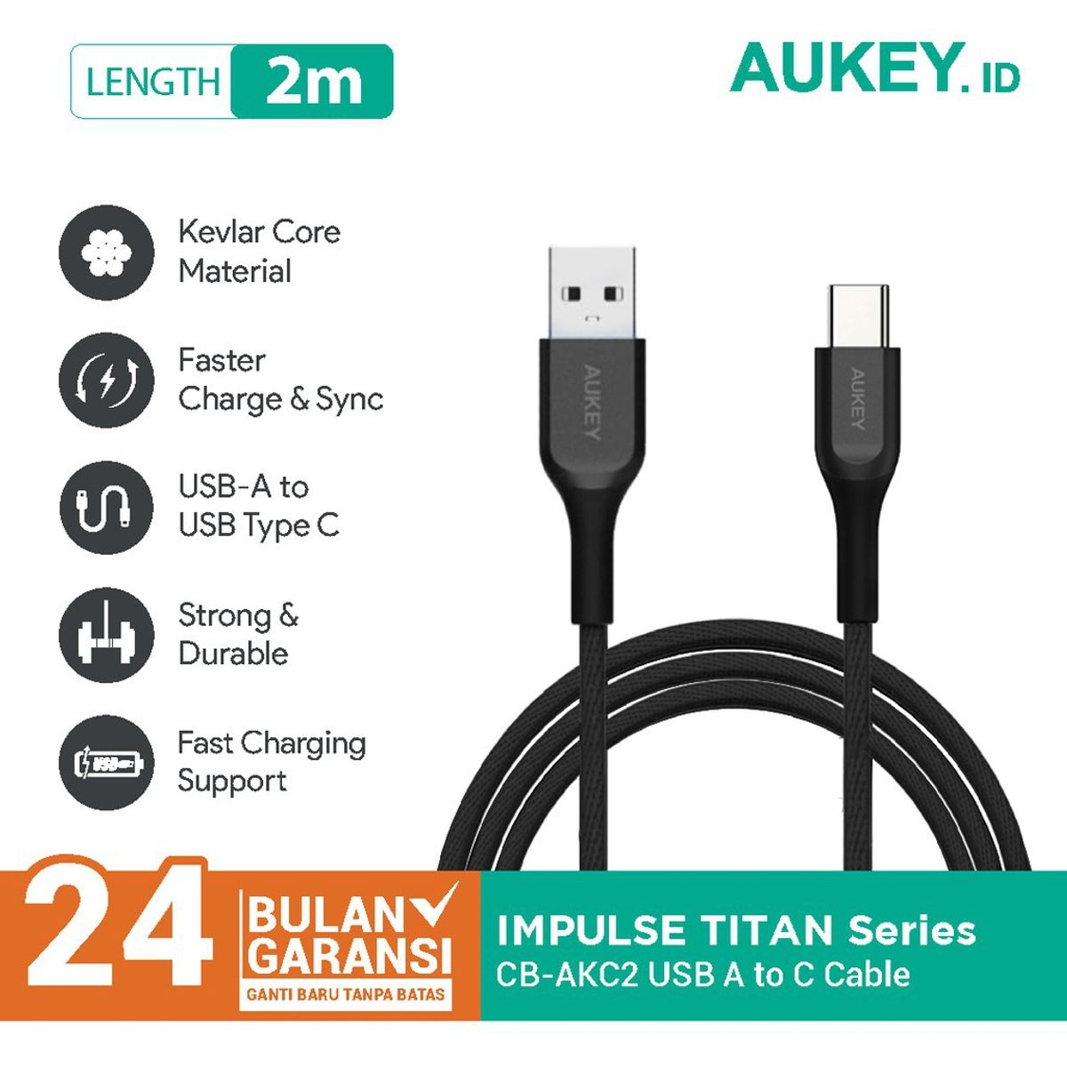 AUKEY - AUKEY Cable USB-A a USB-C Kevlar 2m Carga rápida 3.0 Negro - CB-AKC2 (Not Box) - Negro