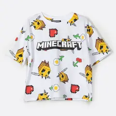 MINECRAFT - Polera Manga Corta Niña Full Print Blanco