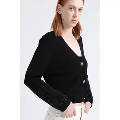 LIOLA - Cardigan Tejido Punto, Boton Strass, Negro
