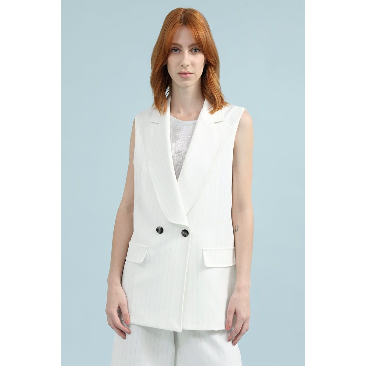 LIOLA - Blazer Cruzado Sin Mangas, Rayas Lurex, Crudo Liola