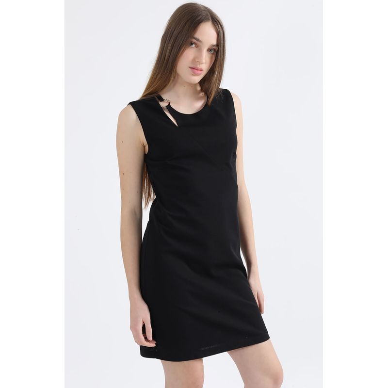LIOLA - Vestido Asimetrico, Aplicación Argolla, Negro Liola