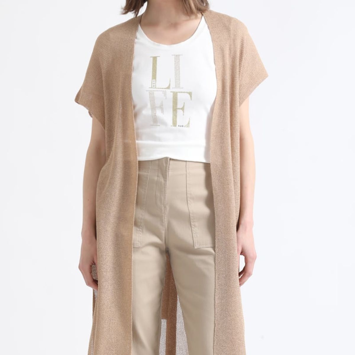 LIOLA - Cardigan Largo Tejido Con Hilo Metalizado, Camel Liola