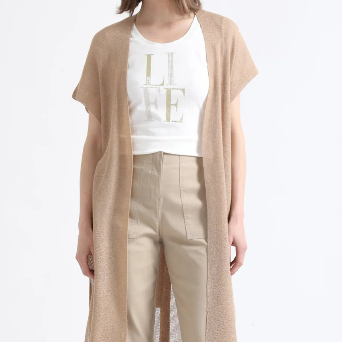 LIOLA - Cardigan Largo Tejido Con Hilo Metalizado, Camel Liola