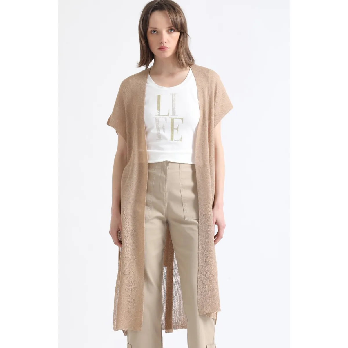 LIOLA - Cardigan Largo Tejido Con Hilo Metalizado, Camel Liola