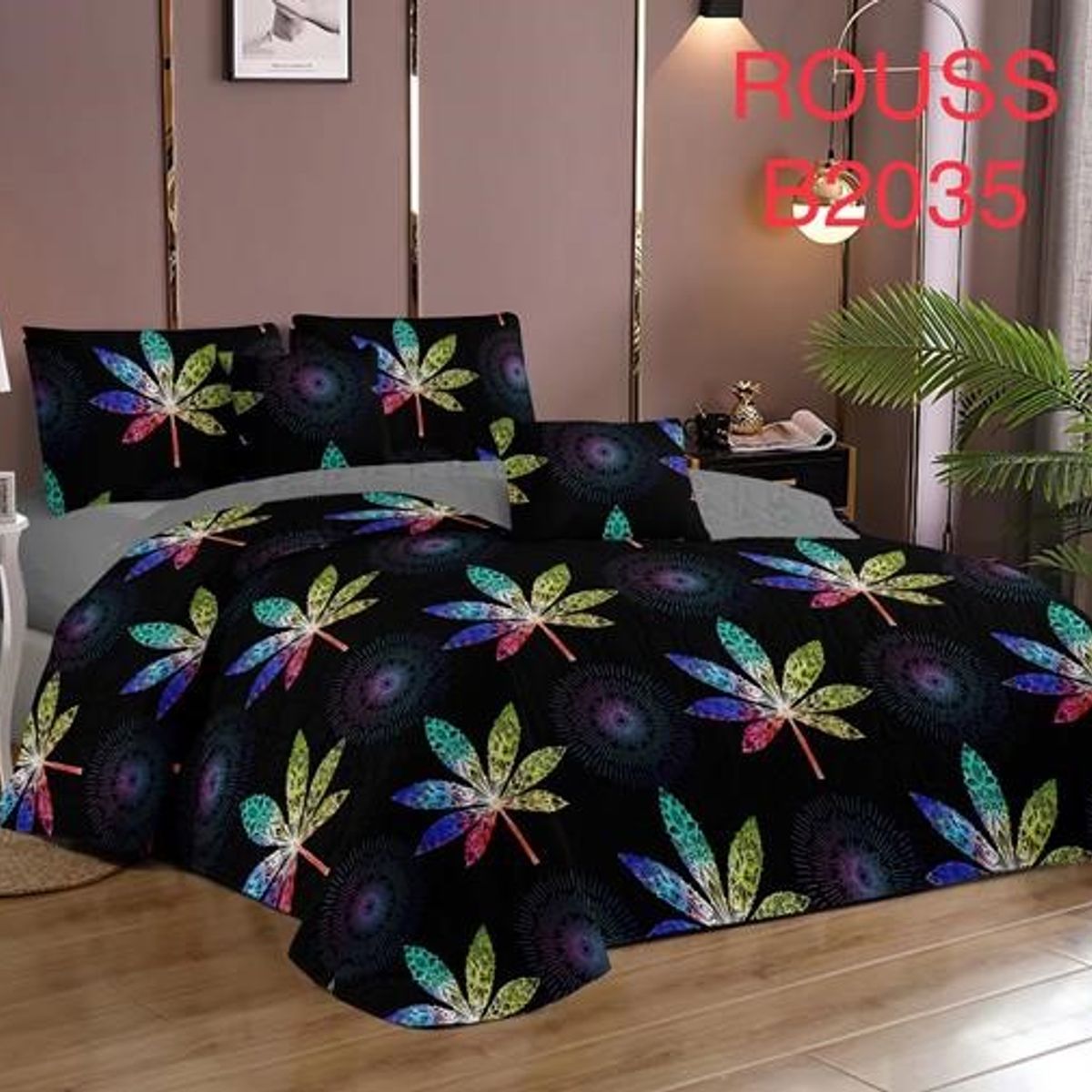 GENERICO - Cobertor Tipo Quilt de Verano / Cubrecamas 2 Plazas Negro Hojas