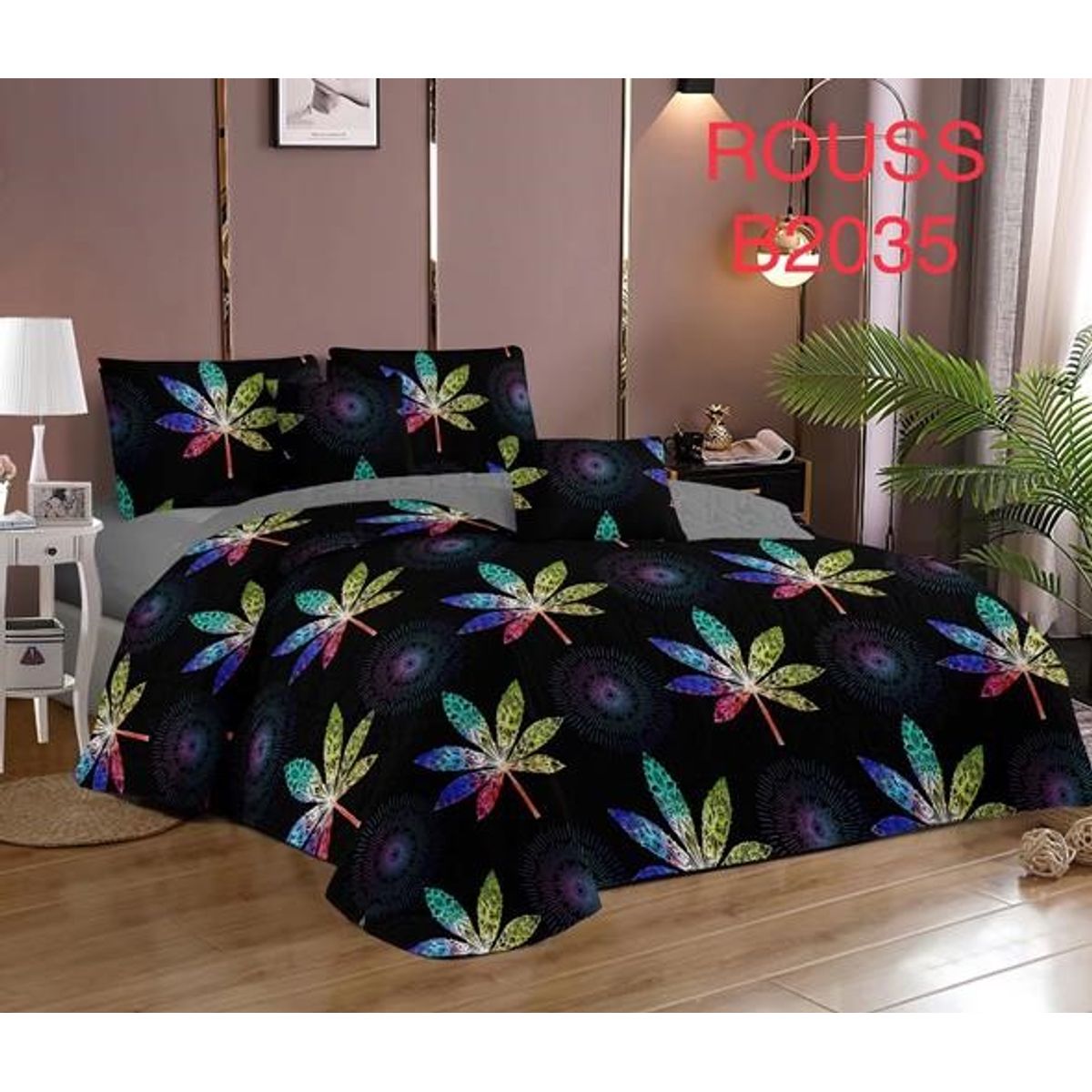 GENERICO - Cobertor Tipo Quilt de Verano / Cubrecamas 2 Plazas Negro Hojas