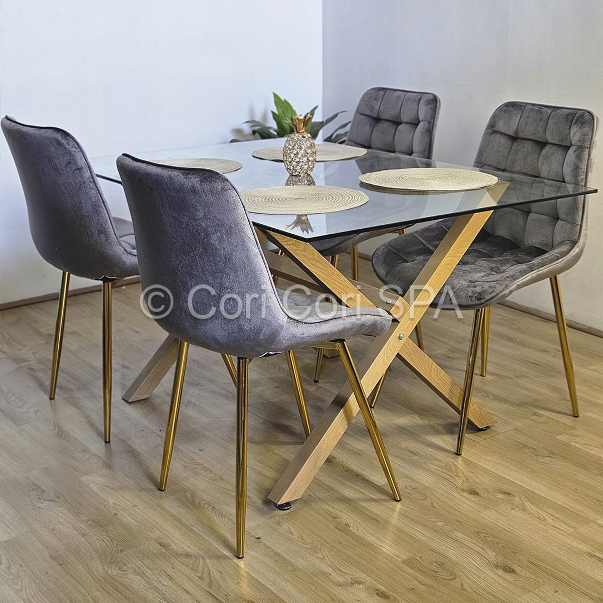 CORI CORI - Comedor Medlock Vidrio 140x90 cm + 4 Sillas Capitonne Top Gris