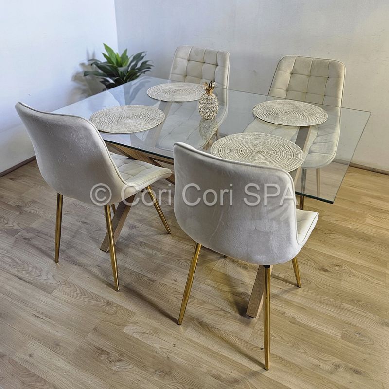 CORI CORI - Comedor Medlock Vidrio 130x80 cm + 4 Sillas Capitonne Top Beige
