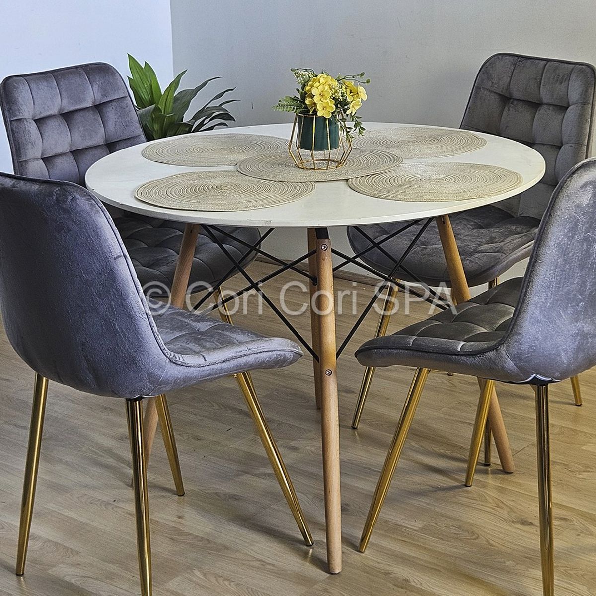 CORI CORI - Comedor Mesa Eames 100cm + 4 Sillas Capitonne Top Gris