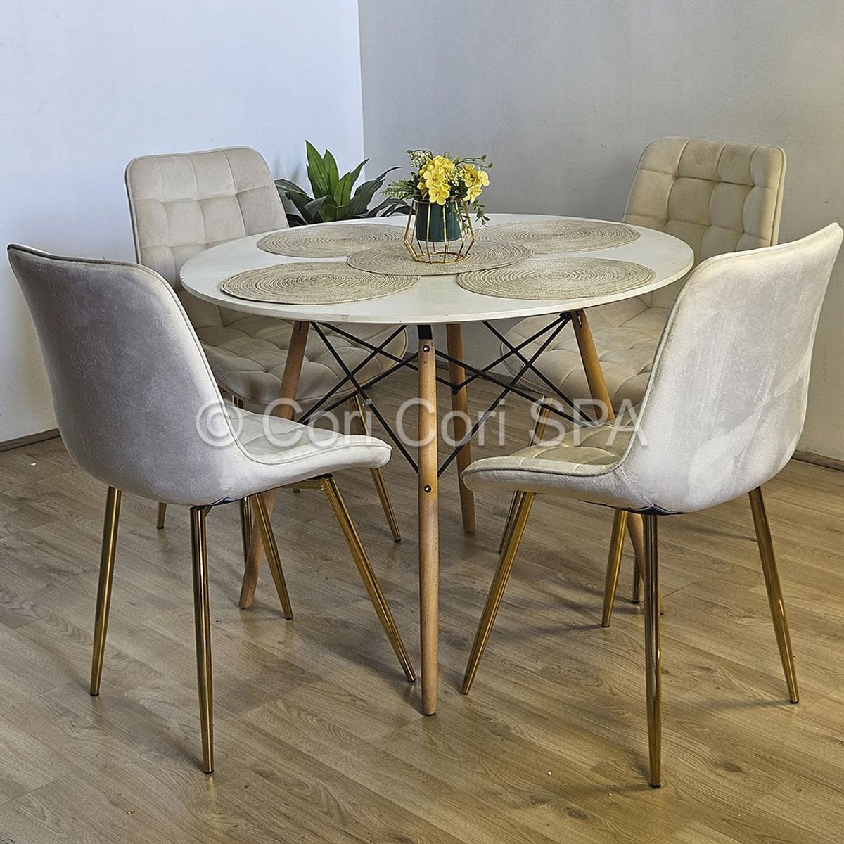 CORI CORI - Comedor Mesa Eames 100cm + 4 Sillas Capitonne Top Beige