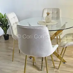 CORI CORI - Comedor Warwick Gold 120cm + 4 Sillas Capitonne Top Beige