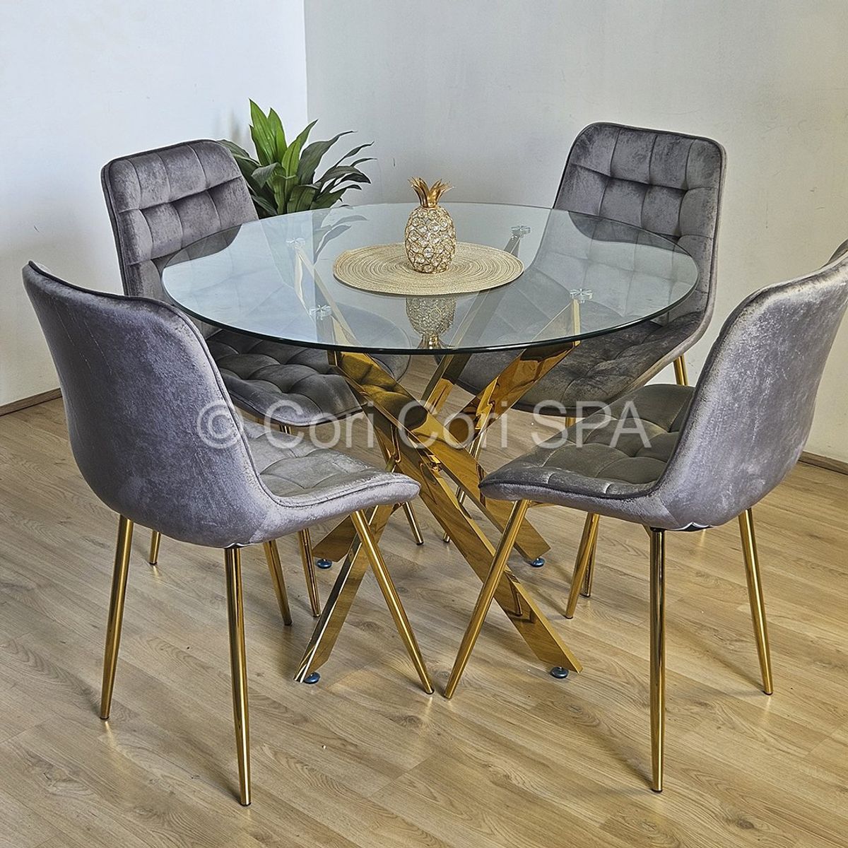 CORI CORI - Comedor Mesa Dubai Gold 100cm + 4 Sillas Capitonne Top Gold Gris