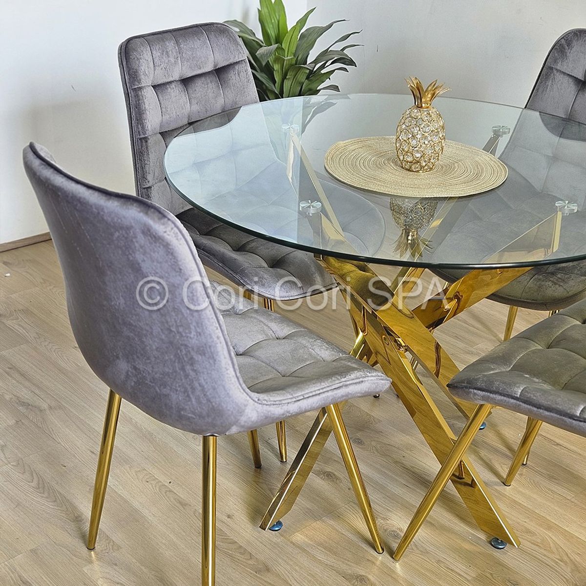 CORI CORI - Comedor Mesa Dubai Gold 100cm + 4 Sillas Capitonne Top Gold Gris