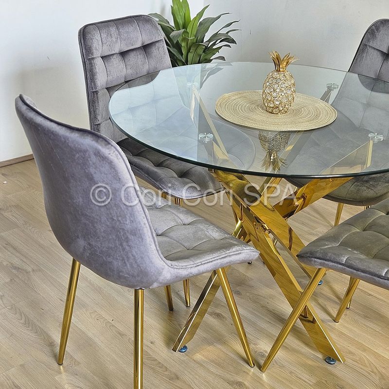 CORI CORI - Juego de Comedor Warwick Gold 120cm + 4 Sillas Capitonne Top Gold Gris