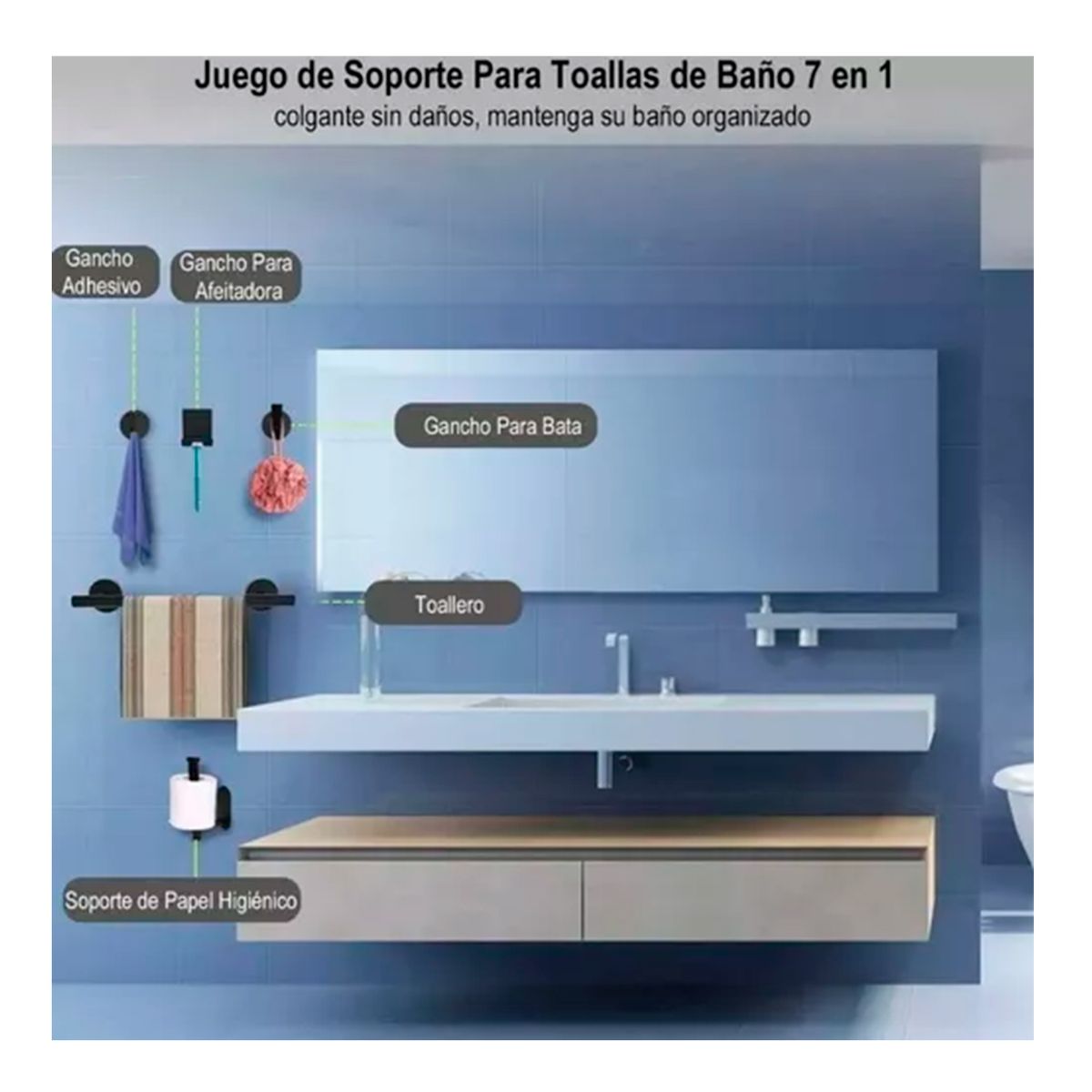GENERICO - Set De 7 Accesorios De Baño Acero Inoxidable Plateado