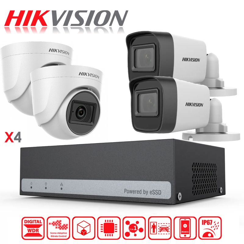 HIKVISION - Kit de Camaras de Seguridad + DVR 4CH Hikvision eSSD 300GB