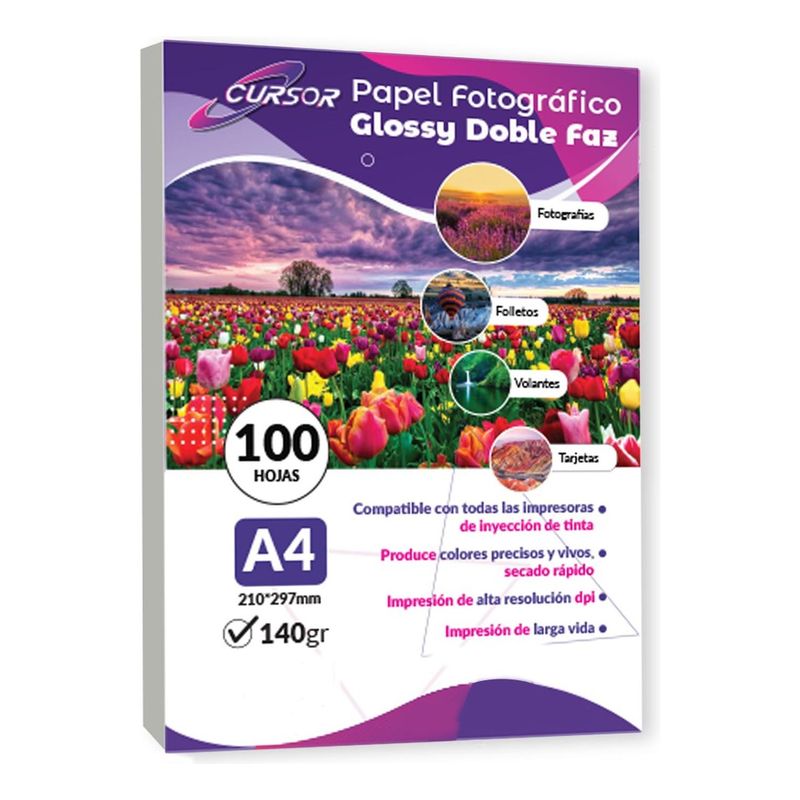 CURSOR - Papel Fotográfico Doble Faz Glossy Cursor A4 140gr 100 Hjs