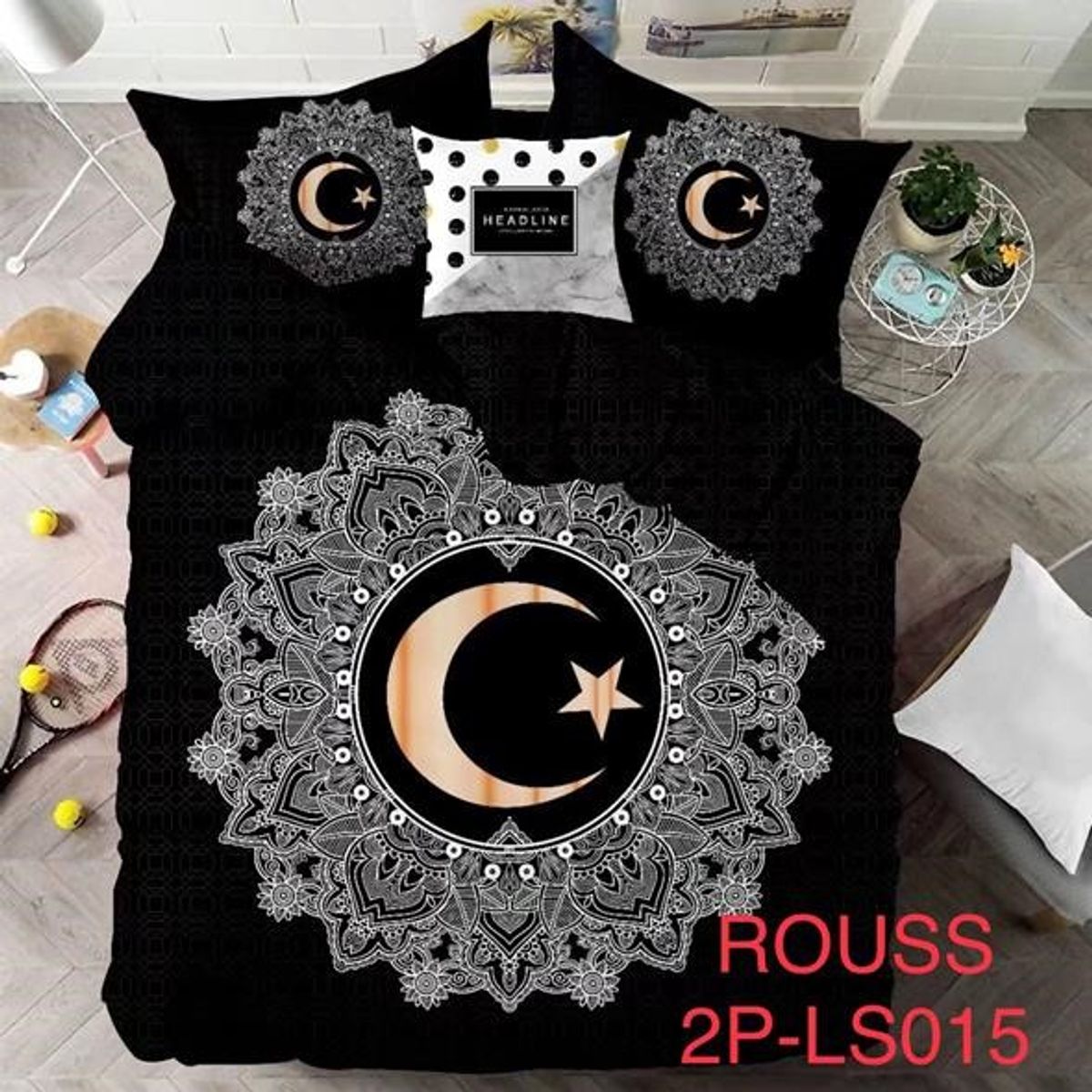 GENERICO - Cobertor Tipo Quilt de Verano / Cubrecamas 2 Plazas Negro Luna