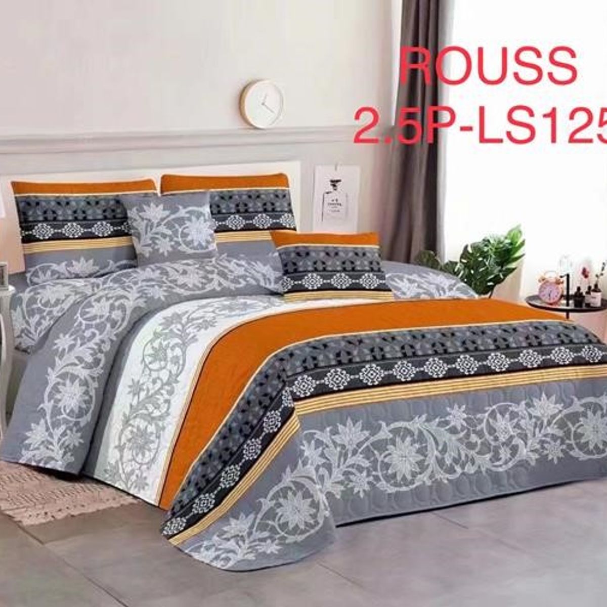 GENERICO - Cobertor Tipo Quilt de Verano / Cubrecamas 2 Plazas GRIS Y NARANJA