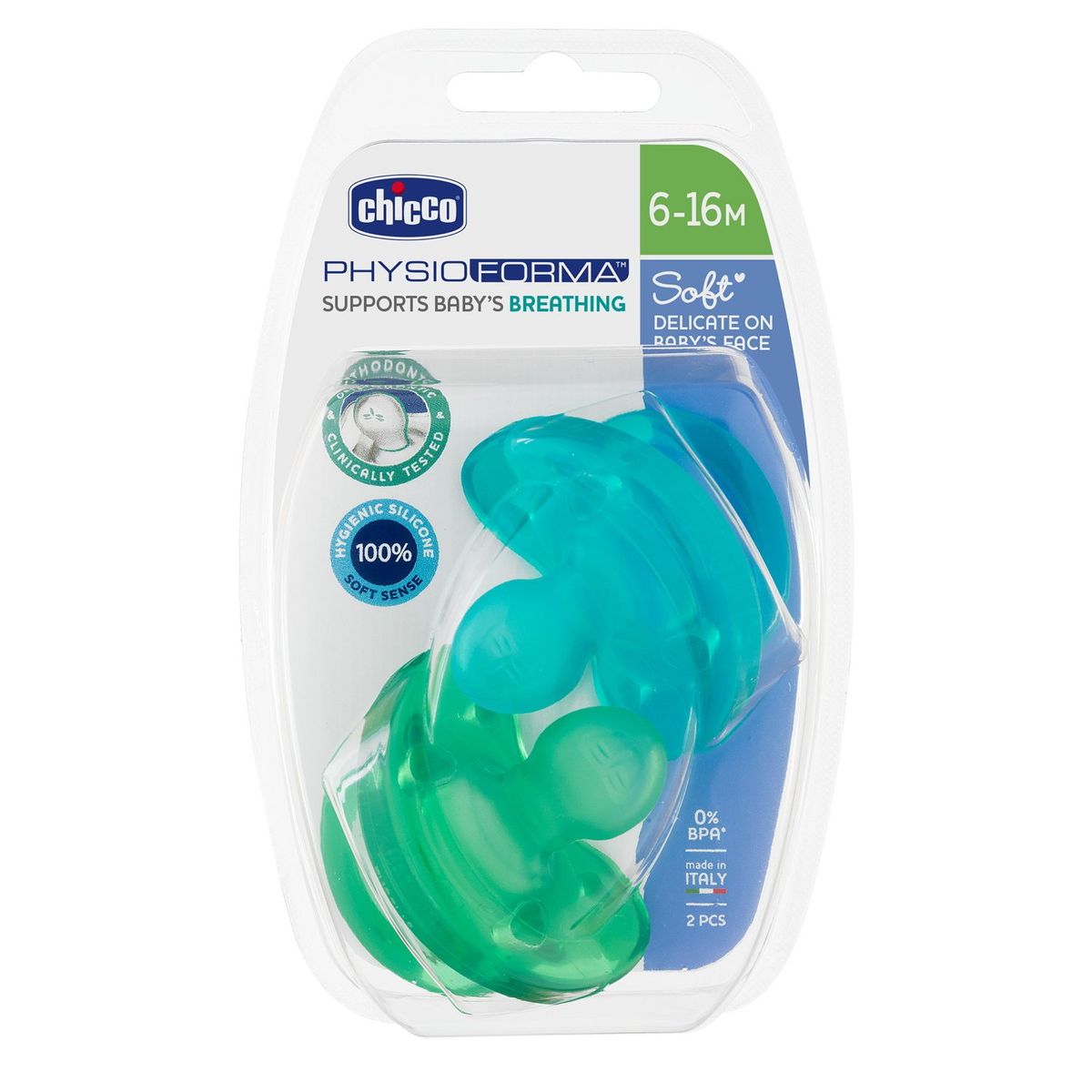 CHICCO - Pack de Chupetes Chicco Physio Soft 6-16m Azul - Verde