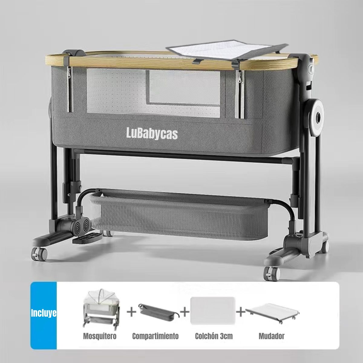 LUBABYCAS - Cuna Colecho Con Mudador Colchón Mosquitero LuBabycas Gris