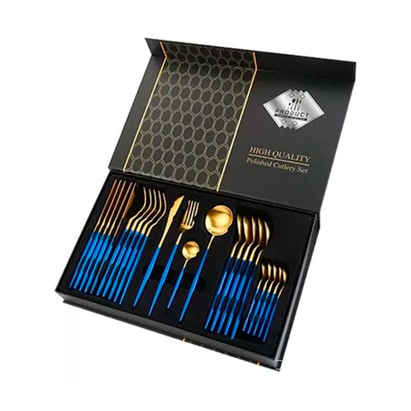 GENERICO - Set De Servicios Acero Inoxidables Azul Dorado 24 pzs