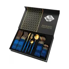 GENERICO - Set De Servicios Acero Inoxidables Azul Dorado 24 pzs