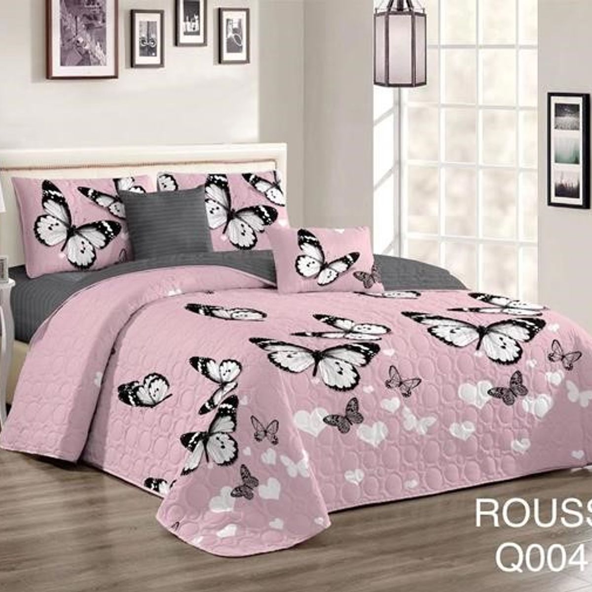 GENERICO - Cobertor Tipo Quilt de Verano / Cubrecamas 2 Plazas Rosa Mariposas