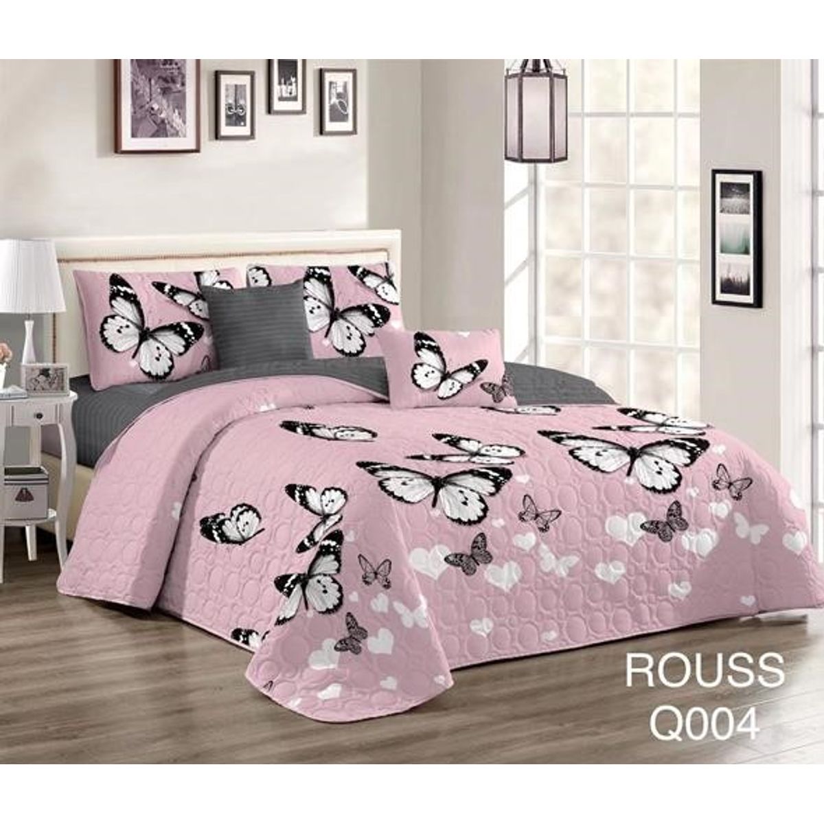 GENERICO - Cobertor Tipo Quilt de Verano / Cubrecamas 2 Plazas Rosa Mariposas