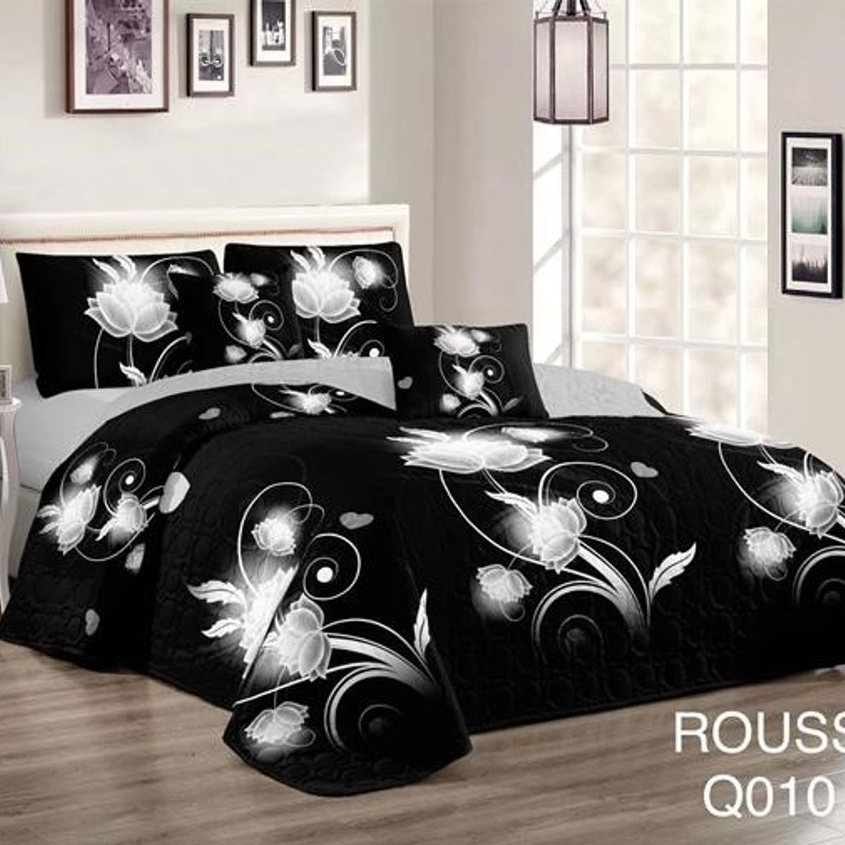 GENERICO - Cobertor Tipo Quilt de Verano / Cubrecamas 2 Plazas Negro Flor