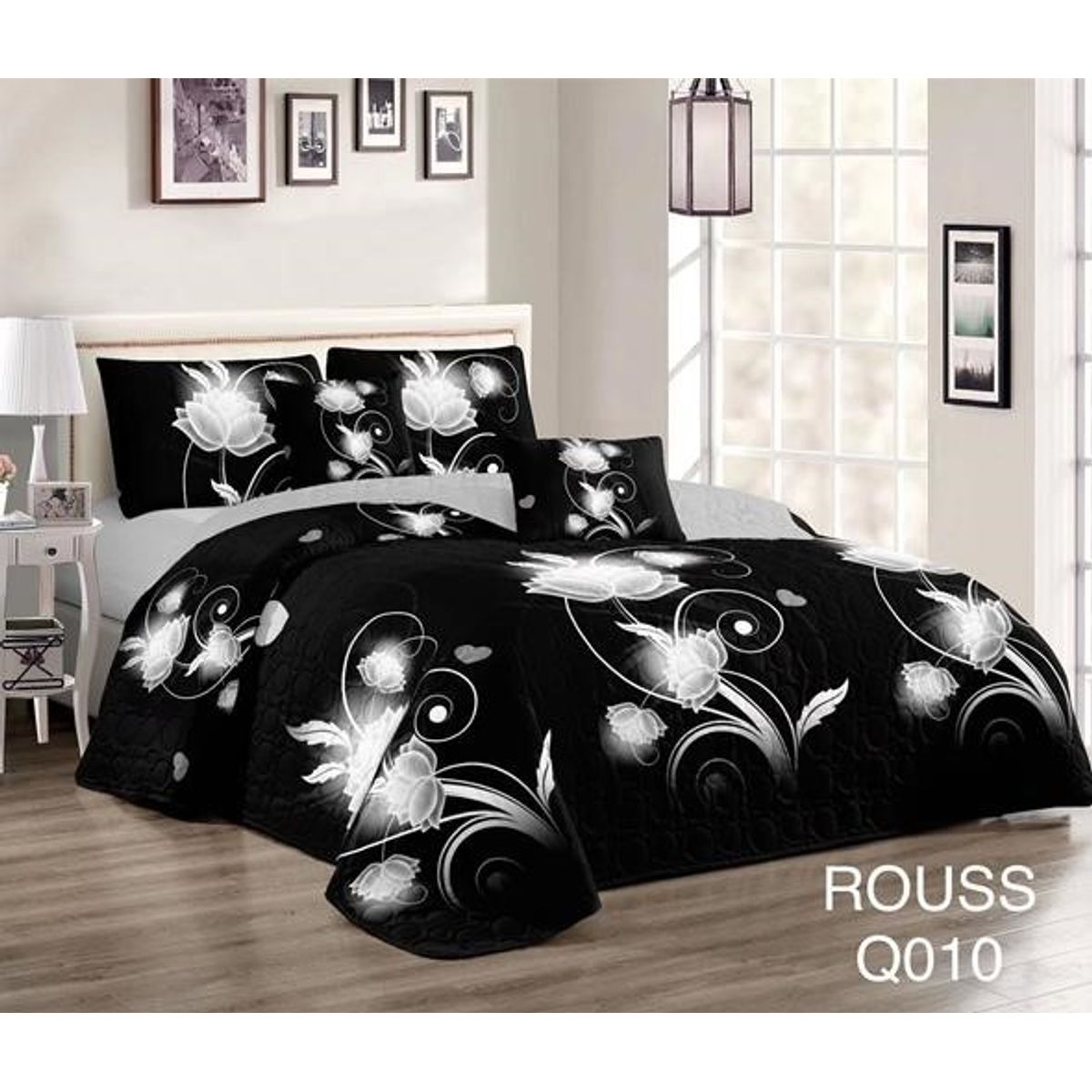 GENERICO - Cobertor Tipo Quilt de Verano / Cubrecamas 2 Plazas Negro Flor