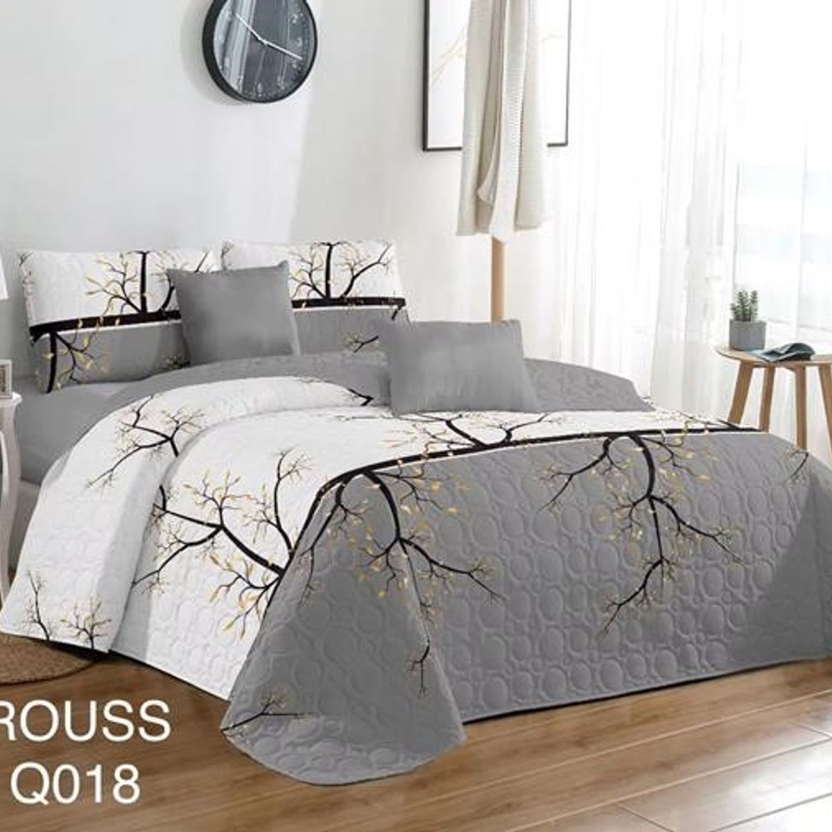 GENERICO - Cobertor Tipo Quilt de Verano / Cubrecamas 2 Plazas Blanco y Gris