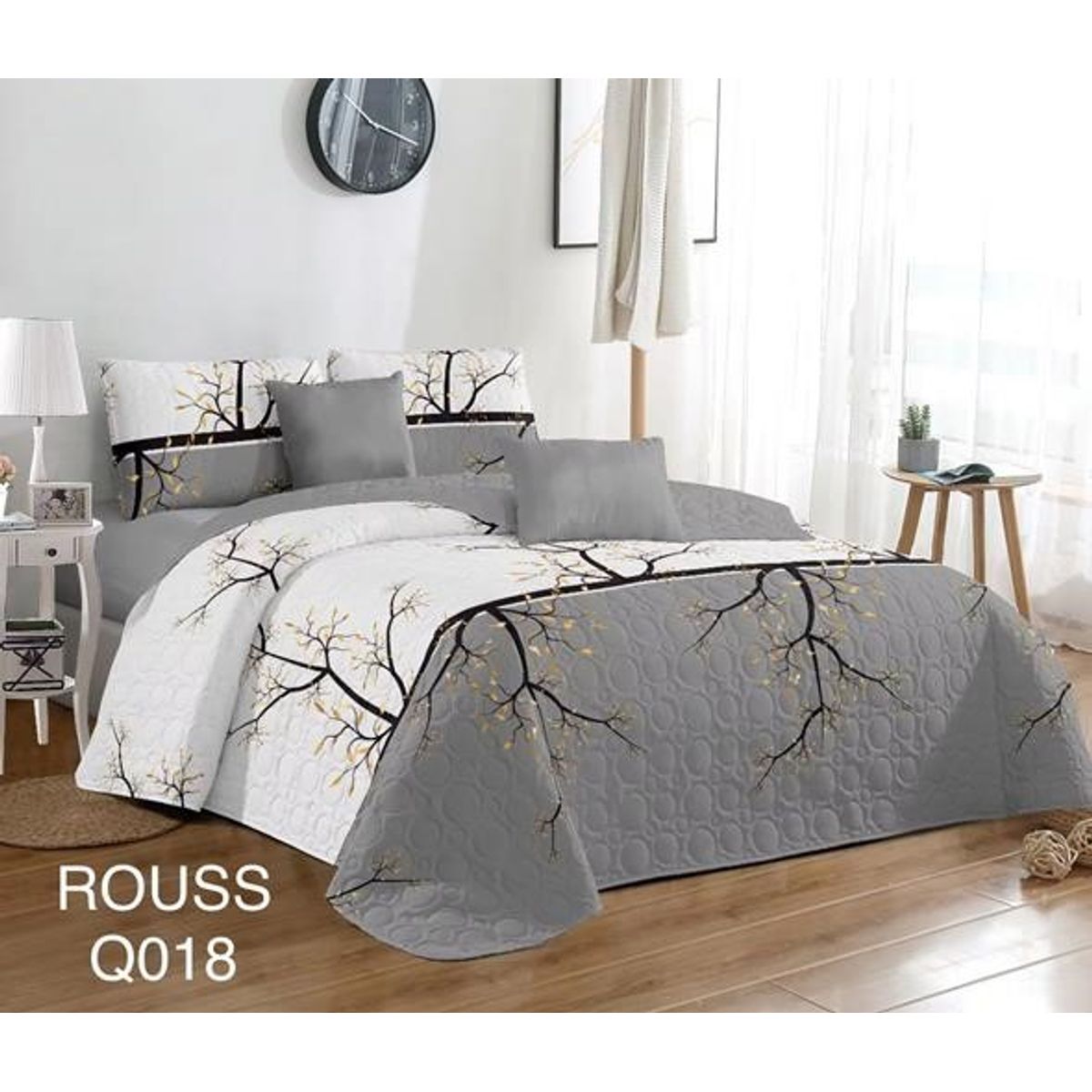 GENERICO - Cobertor Tipo Quilt de Verano / Cubrecamas 2 Plazas Blanco y Gris