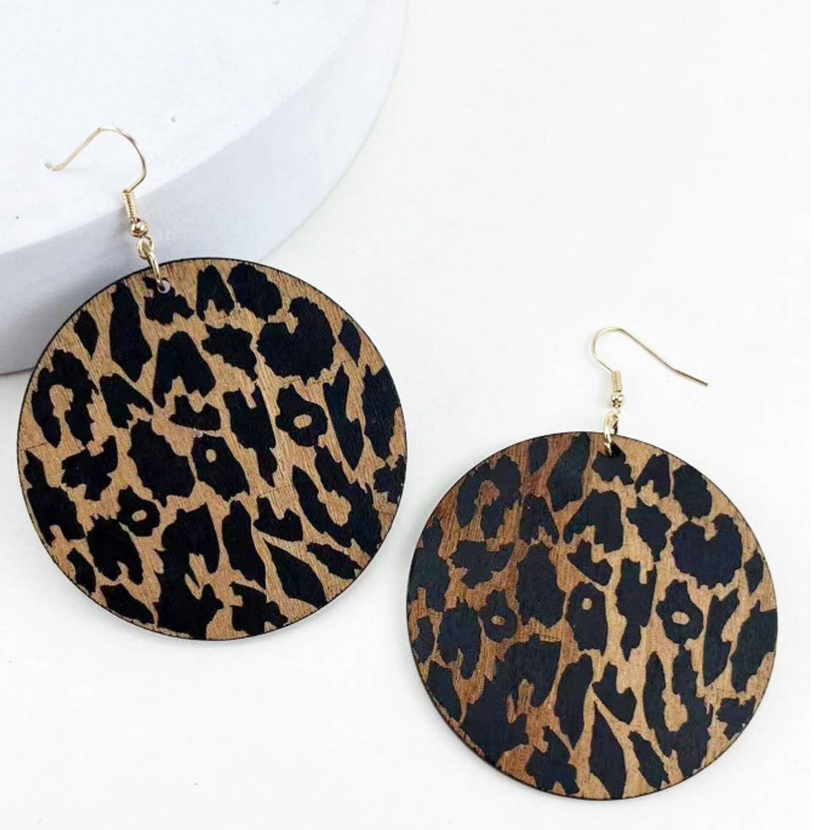 GENERICO - Pendientes largos redondos moda madera con patron de leopardo